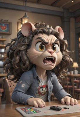 1girl,solo,long hair,open mouth,brown hair,shirt,long sleeves,animal ears,brown eyes,sitting,jacket,teeth,indoors,blurry,fingernails,blurry background,fangs,chair,table,thick eyebrows,denim,angry,grey shirt,furry,freckles,furry female,print shirt,animal nose,mouse,whiskers,snout,buck teeth,denim jacket,1boy,yellow eyes,white shirt,upper body,male focus,open clothes,artist name,open jacket,v-shaped eyebrows,buttons,depth of field,watermark,wavy hair,blue jacket,t-shirt,child,grey jacket,mouse ears,lamp,controller,furry male,male child,wooden table