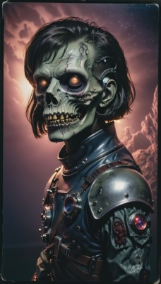 solo,looking at viewer,short hair,black hair,1boy,jewelry,yellow eyes,upper body,male focus,sky,teeth,artist name,signature,armor,from side,orange eyes,blood,glowing,colored skin,scar,shoulder armor,star (sky),glowing eyes,colored sclera,science fiction,pauldrons,skull,fantasy,black sclera,shoulder pads,grey skin,undead,earrings,leather,zombie