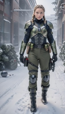 1girl,solo,long hair,looking at viewer,blue eyes,blonde hair,gloves,holding,standing,full body,weapon,braid,boots,outdoors,black gloves,belt,pants,holding weapon,armor,twin braids,lips,gun,military,bodysuit,drill hair,building,holding gun,snow,handgun,walking,science fiction,dual wielding,pouch,breastplate,snowing,realistic,holster,knee pads,shoulder pads,explosive,grenade,bulletproof vest,brown hair,uniform,christmas tree,christmas ornaments