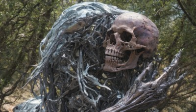 solo,outdoors,teeth,day,water,tree,no humans,nature,1other,forest,skull,monster,skeleton,bone,science fiction,realistic,branch