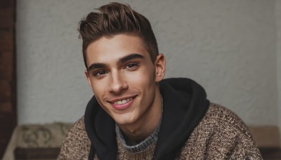 solo,looking at viewer,smile,brown hair,1boy,brown eyes,jewelry,upper body,male focus,teeth,indoors,hood,necklace,grin,blurry,lips,portrait,meme,realistic,real life insert,chainmail,short hair,shirt,black hair,jacket,black jacket,blurry background,parody,thick eyebrows,hood down,brown jacket