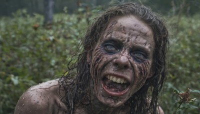 1girl,solo,long hair,looking at viewer,open mouth,blue eyes,black hair,outdoors,teeth,blurry,lips,wet,blurry background,messy hair,portrait,freckles,realistic,horror (theme),1boy,flower,male focus,tongue,depth of field,nature