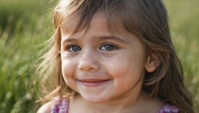 1girl,solo,long hair,looking at viewer,smile,open mouth,brown hair,brown eyes,outdoors,blurry,black eyes,lips,grey eyes,depth of field,blurry background,grass,portrait,realistic,bangs,closed mouth,day,sunlight,close-up