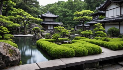 outdoors,day,water,tree,no humans,grass,building,nature,scenery,forest,reflection,rock,stairs,bush,architecture,east asian architecture,river,shrine,pond,stone lantern,blurry,moss