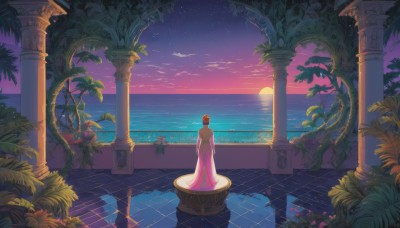 1girl,solo,long hair,blonde hair,brown hair,dress,standing,flower,outdoors,sky,cloud,water,from behind,tree,night,ocean,moon,plant,star (sky),pink dress,scenery,starry sky,sunset,palm tree,sun,horizon,facing away,potted plant,wide shot,pillar,purple sky,column,short hair,dark skin,dark-skinned female,bird,beach,night sky,reflection,tiles,vines,statue