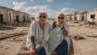 looking at viewer,smile,shirt,holding,jewelry,sitting,white shirt,white hair,male focus,outdoors,multiple boys,sky,teeth,day,pants,cloud,dark skin,2boys,necklace,bracelet,blue sky,tattoo,facial hair,scar,sunglasses,building,beard,beads,cigarette,robe,sand,smoking,arm tattoo,bald,old,bead necklace,old man,desert,short hair,open mouth,dark-skinned male,dog