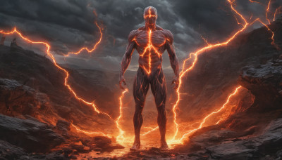 solo, 1boy, standing, male focus, outdoors, sky, cloud, muscular, glowing, cloudy sky, glowing eyes, rock, electricity, lightning, molten rock