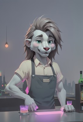 1girl,solo,long hair,looking at viewer,blush,smile,blue eyes,brown hair,shirt,1boy,animal ears,green eyes,upper body,short sleeves,grey hair,male focus,teeth,collared shirt,artist name,indoors,uniform,apron,aqua eyes,cup,night,thick eyebrows,bottle,furry,drinking glass,pocket,yellow shirt,furry female,name tag,glass,furry male,body fur,animal nose,snout,bar (place),black apron,counter,green apron,grey fur,signature,nail polish,aged down,alcohol,city,lamp,overalls,male child,lion ears,lamppost,skyscraper,city lights,light bulb