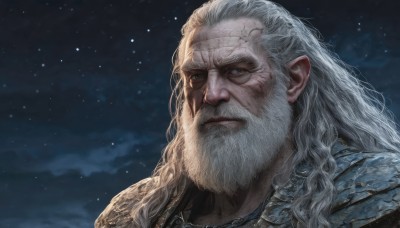 solo,long hair,looking at viewer,blue eyes,1boy,closed mouth,upper body,white hair,male focus,outdoors,sky,pointy ears,cloud,armor,night,facial hair,scar,shoulder armor,portrait,star (sky),night sky,beard,scar on face,starry sky,realistic,scar across eye,manly,old,old man,lips,grey eyes,nose,wrinkled skin