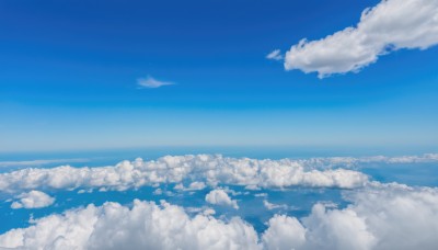 monochrome,outdoors,sky,day,cloud,water,blue sky,no humans,ocean,cloudy sky,scenery,blue theme,horizon,landscape,above clouds,reflection