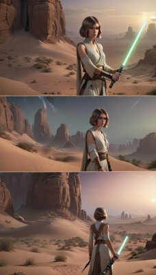 1girl,short hair,brown hair,holding,brown eyes,weapon,comic,outdoors,detached sleeves,sky,sword,holding weapon,sash,holding sword,star (sky),science fiction,shield,rock,mountain,silent comic,animification,ruins,energy sword,shooting star,desert,lightsaber,breasts,gloves,dress,cleavage,medium breasts,belt,signature,cape,mask,realistic,3koma,superhero,tunic,laser