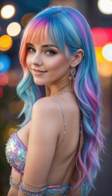 1girl,solo,long hair,breasts,looking at viewer,smile,bangs,bare shoulders,jewelry,medium breasts,blue hair,upper body,pink hair,multicolored hair,earrings,small breasts,looking back,necklace,blurry,from side,two-tone hair,lips,looking to the side,grey eyes,eyelashes,gradient hair,makeup,depth of field,blurry background,piercing,ear piercing,armlet,eyeshadow,freckles,realistic,nose,bokeh,blue eyes,closed mouth,swimsuit,bikini,artist name,watermark,mascara