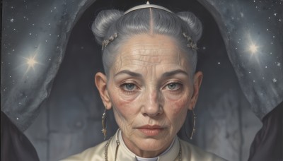 1girl,solo,looking at viewer,hair ornament,jewelry,closed mouth,grey hair,earrings,necklace,hair bun,lips,grey eyes,double bun,cross,portrait,star (sky),veil,realistic,nun,old,old woman,1boy,blurry,blurry background,single hair bun,old man,constellation,wrinkled skin