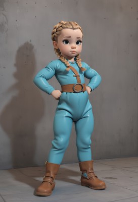 1girl,solo,long hair,looking at viewer,blue eyes,blonde hair,brown hair,twintails,closed mouth,standing,full body,braid,boots,belt,black eyes,twin braids,flat chest,lips,loli,bodysuit,cameltoe,shadow,brown footwear,child,hands on hips,female child,brown belt,breasts,long sleeves,small breasts,artist name,watermark,aged down,skin tight,nose,blue bodysuit