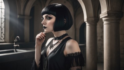 1girl,solo,breasts,short hair,bangs,black hair,dress,cleavage,bare shoulders,jewelry,medium breasts,upper body,small breasts,detached sleeves,choker,indoors,blunt bangs,necklace,nail polish,black eyes,black dress,from side,lips,makeup,black choker,sunlight,bob cut,lipstick,black nails,gothic,black lips,collar,eyeshadow