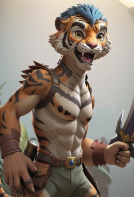 solo,looking at viewer,short hair,open mouth,1boy,navel,holding,animal ears,jewelry,nipples,blue hair,tail,yellow eyes,weapon,male focus,cowboy shot,teeth,tongue,belt,pants,sword,artist name,stomach,holding weapon,blurry,orange eyes,muscular,blurry background,fangs,holding sword,abs,thick eyebrows,knife,pectorals,muscular male,bara,furry,topless male,holding knife,brown belt,dagger,furry male,tiger ears,body fur,tiger tail,animal nose,whiskers,holding dagger,tiger boy,leather belt,orange fur,multicolored fur,tiger stripes,standing,shorts,clenched hand,pouch,belt pouch,yellow sclera,tiger,fangs out