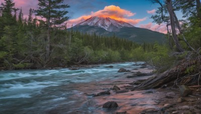 outdoors,sky,day,cloud,water,tree,no humans,bird,cloudy sky,grass,nature,scenery,forest,sunset,rock,mountain,river,evening,landscape,blue sky,plant,mountainous horizon