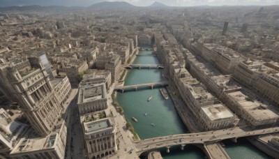 outdoors,sky,day,cloud,water,tree,no humans,from above,ground vehicle,building,scenery,motor vehicle,mountain,city,car,road,cityscape,watercraft,bridge,river,skyscraper,boat,landscape,ocean,aircraft,vehicle focus,ship,tower