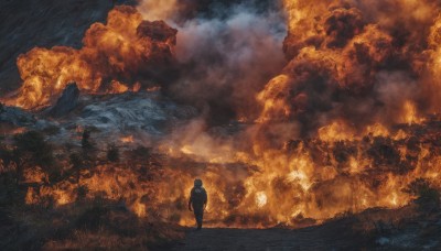 solo,1boy,standing,male focus,outdoors,from behind,fire,scenery,1other,smoke,walking,mountain,explosion,ambiguous gender,burning,molten rock,sky,cloud,tree,cloudy sky,grass,nature,wide shot