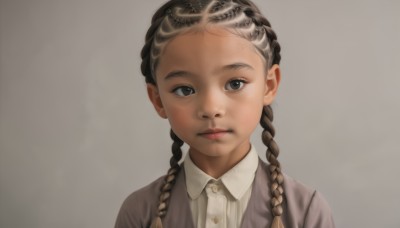 1girl,solo,long hair,looking at viewer,simple background,brown hair,shirt,twintails,brown eyes,closed mouth,jacket,white shirt,upper body,braid,collared shirt,grey background,black eyes,twin braids,lips,wing collar,child,portrait,realistic,female child,black hair,white background,dark skin,nose