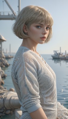 1girl,solo,looking at viewer,short hair,bangs,blue eyes,blonde hair,shirt,jewelry,white shirt,upper body,earrings,outdoors,parted lips,sky,day,artist name,water,blurry,from side,lips,looking to the side,grey eyes,depth of field,blurry background,ocean,bob cut,sleeves rolled up,freckles,realistic,nose,watercraft,ship,boat,sleeves past elbows,breasts,blue sky,eyelashes