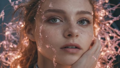 1girl,solo,long hair,looking at viewer,brown hair,brown eyes,parted lips,teeth,hand up,blurry,lips,eyelashes,depth of field,portrait,hand on own face,freckles,head rest,realistic,nose,branch,green eyes,grey eyes,close-up,hand on own cheek