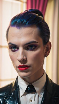 1girl,solo,looking at viewer,short hair,blue eyes,shirt,black hair,jewelry,blue hair,jacket,white shirt,multicolored hair,earrings,parted lips,necktie,collared shirt,indoors,hair bun,blurry,lips,black jacket,eyelashes,makeup,blurry background,formal,single hair bun,suit,lipstick,curtains,portrait,black necktie,eyeshadow,realistic,red lips,eyeliner,hair pulled back,mascara,bow,teeth,artist name,bowtie,window,nose