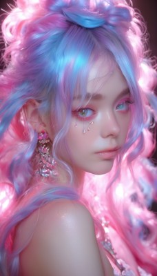 1girl,solo,long hair,breasts,looking at viewer,blue eyes,hair ornament,bare shoulders,jewelry,closed mouth,blue hair,upper body,pink hair,multicolored hair,earrings,artist name,blurry,from side,lips,looking to the side,eyelashes,makeup,facial mark,gem,portrait,eyeshadow,glint,multicolored eyes,realistic,nose,mascara,bangs,flower,shiny,hair flower,two-tone hair,parted bangs,watermark,wavy hair,web address,pink lips,pearl (gemstone)