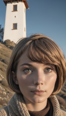 1girl,solo,looking at viewer,short hair,bangs,brown hair,brown eyes,jewelry,green eyes,earrings,outdoors,sky,day,scarf,blurry,blue sky,lips,blurry background,turtleneck,looking up,building,portrait,realistic,nose,stud earrings,parted lips,close-up