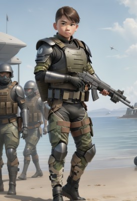 looking at viewer,short hair,brown hair,gloves,1boy,holding,brown eyes,standing,full body,weapon,male focus,boots,outdoors,multiple boys,sky,day,black gloves,pants,2boys,fingerless gloves,water,holding weapon,armor,uniform,blue sky,gun,military,military uniform,mask,bird,ocean,beach,3boys,helmet,holding gun,rifle,walking,science fiction,realistic,aircraft,sand,assault rifle,watercraft,knee pads,camouflage,elbow pads,soldier,bulletproof vest,body armor,1girl,solo focus,cloud,trigger discipline,shoulder pads,multiple others,helicopter