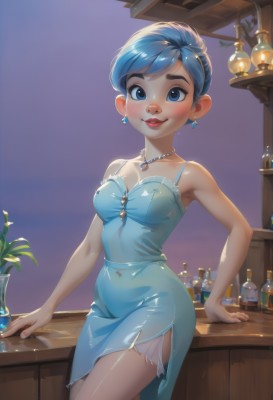 1girl,solo,breasts,looking at viewer,blush,smile,short hair,bangs,blue eyes,dress,navel,cleavage,bare shoulders,jewelry,medium breasts,closed mouth,blue hair,standing,collarbone,flower,cowboy shot,earrings,small breasts,sleeveless,shiny,artist name,indoors,necklace,nail polish,lips,see-through,shiny skin,covered navel,makeup,sleeveless dress,blue dress,swept bangs,arm support,short dress,thick eyebrows,bottle,plant,lipstick,gem,side slit,pendant,shiny clothes,spaghetti strap,vase,counter,parted lips,potted plant,pearl necklace,aqua dress