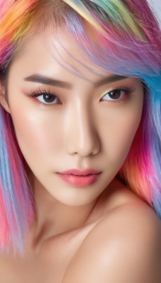 1girl,solo,long hair,looking at viewer,bangs,simple background,bare shoulders,brown eyes,closed mouth,collarbone,pink hair,nude,multicolored hair,two-tone hair,lips,eyelashes,gradient hair,makeup,swept bangs,portrait,close-up,eyeshadow,personification,realistic,nose,rainbow hair,blonde hair,blue hair,looking to the side