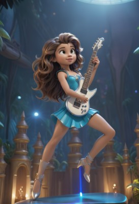 1girl,solo,long hair,smile,skirt,brown hair,dress,holding,brown eyes,jewelry,standing,full body,sleeveless,dark skin,water,necklace,high heels,dark-skinned female,tree,lips,night,blue dress,watermark,short dress,moon,instrument,nature,forest,music,guitar,candle,dancing,playing instrument,holding instrument,pleated skirt,aged down,full moon,curly hair,electric guitar