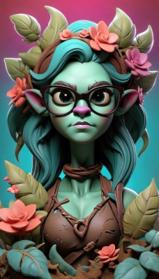 1girl,solo,long hair,breasts,looking at viewer,blue eyes,hair ornament,cleavage,medium breasts,blue hair,collarbone,upper body,flower,hairband,small breasts,green hair,glasses,pointy ears,hair flower,lips,gradient,gradient background,eyelashes,aqua hair,makeup,rose,colored skin,frown,leaf,plant,lipstick,pink flower,black-framed eyewear,bespectacled,nose,green skin,bare shoulders,closed mouth,artist name,monster girl,serious,pink rose,plant girl