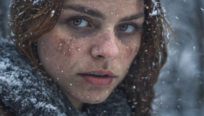 1girl,solo,long hair,looking at viewer,brown hair,brown eyes,outdoors,parted lips,teeth,blurry,lips,eyelashes,thick eyebrows,portrait,snow,close-up,freckles,snowing,realistic,nose,winter,dirty,short hair,artist name,signature,fur trim,blurry background