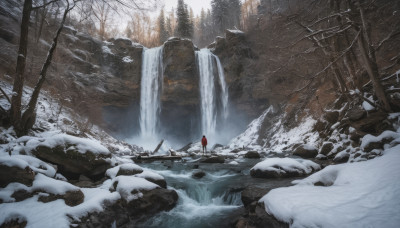 1girl, solo, standing, outdoors, hood, water, from behind, cape, tree, nature, scenery, snow, 1other, forest, rock, river, waterfall