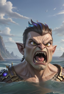 solo,looking at viewer,open mouth,brown hair,black hair,1boy,brown eyes,collarbone,yellow eyes,male focus,outdoors,sky,teeth,day,pointy ears,artist name,cloud,water,armor,blue sky,bird,ocean,fangs,cloudy sky,shoulder armor,portrait,angry,partially submerged,hair slicked back,uvula,short hair,blue hair,multicolored hair,tongue,two-tone hair,facial hair,sharp teeth,mountain