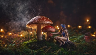 1girl,solo,long hair,breasts,black hair,navel,bare shoulders,medium breasts,sitting,flower,outdoors,barefoot,pointy ears,blurry,tree,bare legs,depth of field,grass,fire,nature,scenery,forest,smoke,rock,fantasy,mushroom,hair ornament,holding,jewelry,hair flower,feet,from side,legs,bare arms,profile,blurry background,arm support,leaf,looking away,soles,looking up,plant,arm at side,blue flower,realistic,dark,head wreath,wide shot,on ground,moss,fireflies,dirty feet