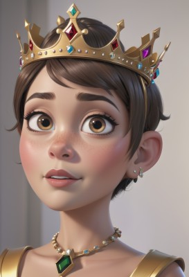 1girl,solo,looking at viewer,smile,short hair,open mouth,brown hair,brown eyes,jewelry,collarbone,earrings,parted lips,teeth,necklace,lips,upper teeth only,tiara,crown,gem,portrait,freckles,bangs,blurry,eyelashes,makeup,thick eyebrows,realistic,nose