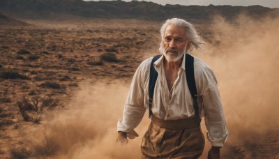 solo,shirt,gloves,long sleeves,1boy,standing,white shirt,white hair,grey hair,male focus,cowboy shot,outdoors,collared shirt,pants,tree,dress shirt,facial hair,scar,suspenders,aged down,beard,realistic,manly,brown pants,old,old man,looking at viewer,closed mouth,water,wet,wind,wet clothes,scar on face,sleeves rolled up,mustache,scar across eye,unbuttoned,partially unbuttoned,dirty,fog,brown theme,wrinkled skin