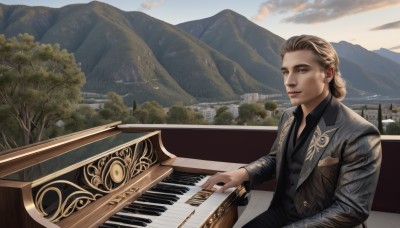 solo,looking at viewer,smile,blonde hair,brown hair,shirt,long sleeves,1boy,brown eyes,sitting,jacket,upper body,male focus,outdoors,sky,collared shirt,cloud,vest,tree,black shirt,formal,suit,instrument,nature,scenery,mountain,realistic,music,playing instrument,mountainous horizon,piano,grand piano,1girl,day,lips,watermark,lake