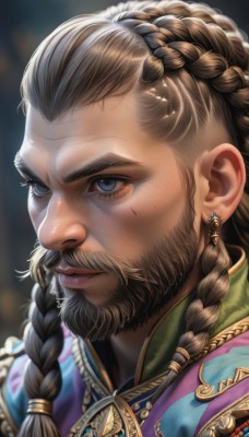 solo,long hair,blue eyes,brown hair,1boy,jewelry,closed mouth,braid,male focus,earrings,signature,necklace,blurry,twin braids,lips,blurry background,facial hair,thick eyebrows,gem,portrait,beard,close-up,realistic,nose,mustache,old,multiple braids,hair ornament,artist name,v-shaped eyebrows,scar,looking away,crown braid