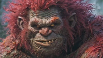 solo,looking at viewer,open mouth,1boy,yellow eyes,male focus,horns,teeth,tongue,blurry,no humans,fangs,sharp teeth,portrait,claws,monster,realistic,tusks,red hair,facial hair,scar,beard,colored sclera,yellow sclera