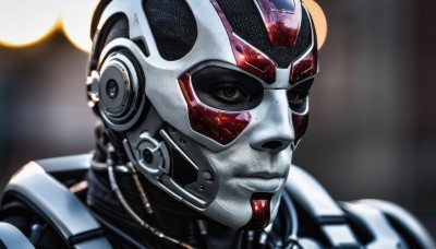 solo,1boy,brown eyes,closed mouth,upper body,male focus,armor,blurry,lips,bodysuit,blurry background,helmet,portrait,science fiction,realistic,power armor,depth of field,close-up