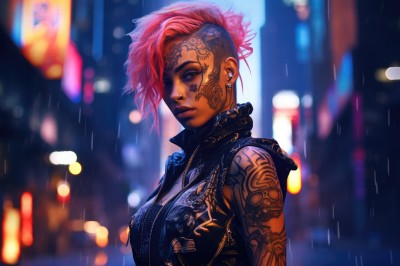 vi (league of legends),1girl,solo,breasts,looking at viewer,short hair,jewelry,medium breasts,closed mouth,jacket,upper body,pink hair,earrings,outdoors,sleeveless,dark skin,hood,blurry,vest,from side,dark-skinned female,lips,tattoo,night,blurry background,piercing,hood down,ear piercing,rain,asymmetrical hair,nose,arm tattoo,shoulder tattoo,undercut,facial tattoo,neck tattoo,nose piercing,large breasts,cleavage,mohawk,cyberpunk