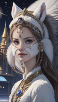 1girl,solo,long hair,looking at viewer,blue eyes,brown hair,animal ears,jewelry,closed mouth,upper body,outdoors,parted lips,sky,artist name,signature,necklace,blurry,from side,lips,grey eyes,fur trim,eyelashes,night,feathers,brooch,building,gem,portrait,star (sky),night sky,realistic,nose,headdress,red lips,fur,facial mark,moon,castle