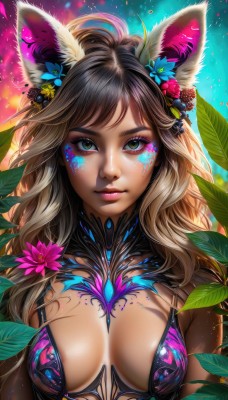 1girl,solo,long hair,breasts,looking at viewer,bangs,large breasts,brown hair,hair ornament,animal ears,cleavage,brown eyes,medium breasts,closed mouth,green eyes,upper body,flower,multicolored hair,artist name,hair flower,lips,fox ears,eyelashes,makeup,leaf,watermark,wavy hair,facial mark,plant,web address,areola slip,eyeshadow,pink lips,nose,eyeliner,mascara,tattoo,light particles,facepaint,bodypaint,colorful