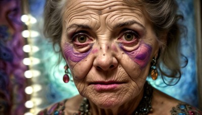 HQ,1girl,solo,looking at viewer,short hair,brown eyes,jewelry,closed mouth,yellow eyes,white hair,earrings,necklace,blurry,lips,tattoo,makeup,blurry background,portrait,close-up,realistic,facepaint,old,old woman,choker,eyelashes