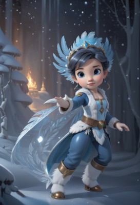 1girl,solo,breasts,looking at viewer,smile,short hair,blue eyes,black hair,hair ornament,long sleeves,jewelry,closed mouth,standing,full body,earrings,boots,outdoors,wings,belt,pants,artist name,chibi,tree,lips,fur trim,night,brown footwear,fire,tiara,feathers,crown,snow,ice,snowing,blue pants,fairy,feather hair ornament,winter,fur-trimmed boots,cleavage,blue hair,weapon,small breasts,cape,nail polish,coat,bare tree