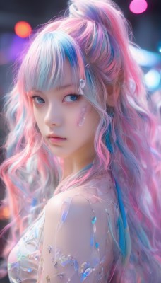 1girl,solo,long hair,breasts,looking at viewer,bangs,blue eyes,dress,bare shoulders,jewelry,medium breasts,closed mouth,blue hair,upper body,ponytail,pink hair,multicolored hair,earrings,blurry,from side,two-tone hair,lips,streaked hair,looking to the side,eyelashes,makeup,depth of field,blurry background,wavy hair,gem,bandaid,realistic,nose,hair ornament,artist name,blunt bangs,facial mark,portrait,armlet,pink lips,bokeh